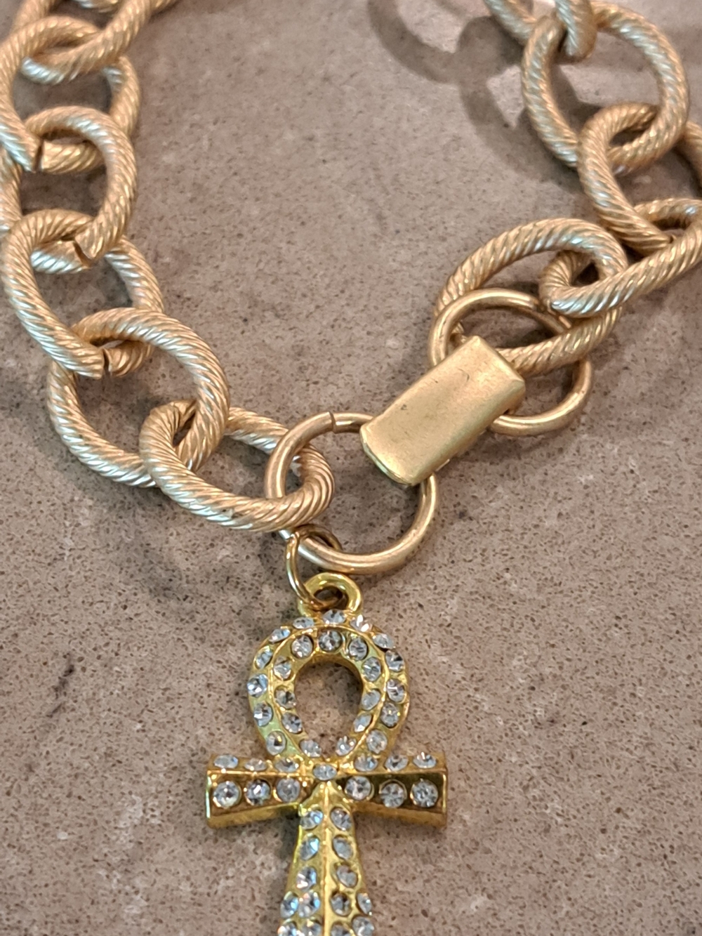 Gold-Tone Ankh Pendant Chain Necklace W/Crystal Cross